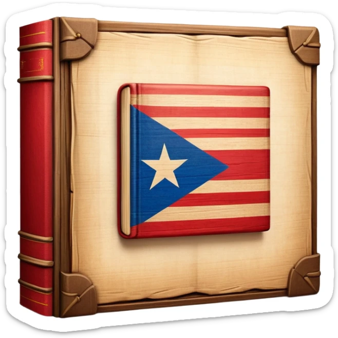 Elegant aged book with the Puerto Rican flag subtly embossed on the cover, carved wooden theater stage symbol, vintage textured cover with warm wood and parchment tones, slightly glowing, representing the eternal legacy of scenic design sticker