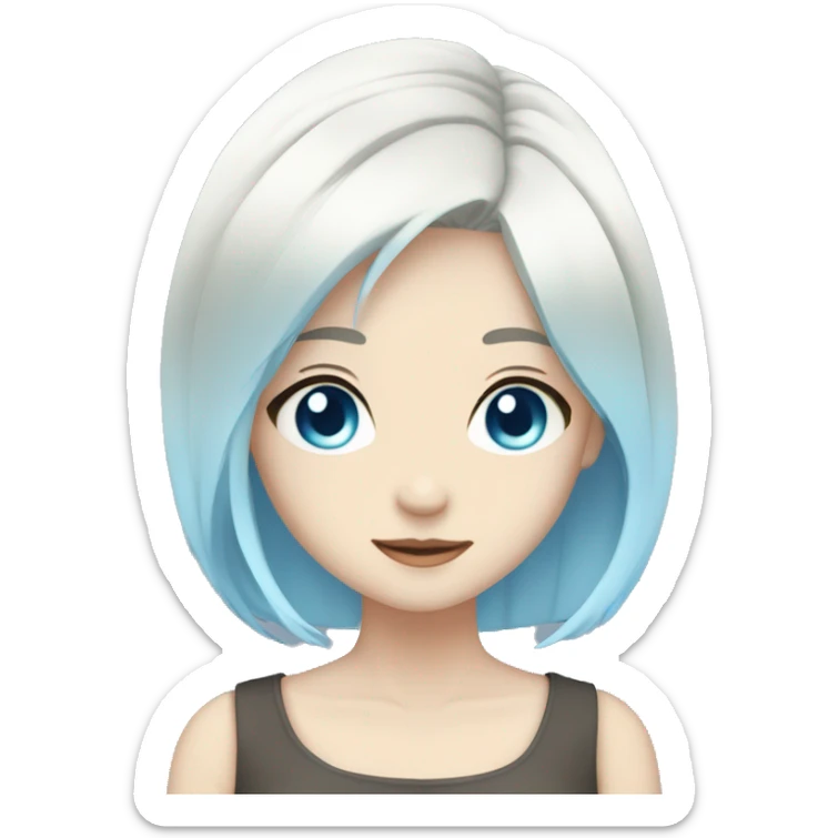 A anime girl has white short hair, has a sky blue color + shaped hairpin, sky blue eyes sticker