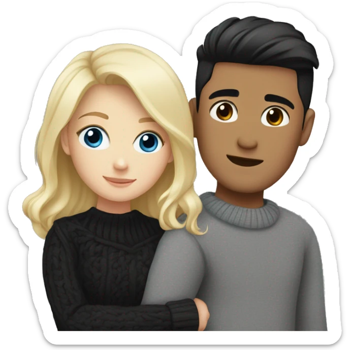 Blonde girl with blue eyes in black sweater and asian man with black hair and black eyes hugging sticker