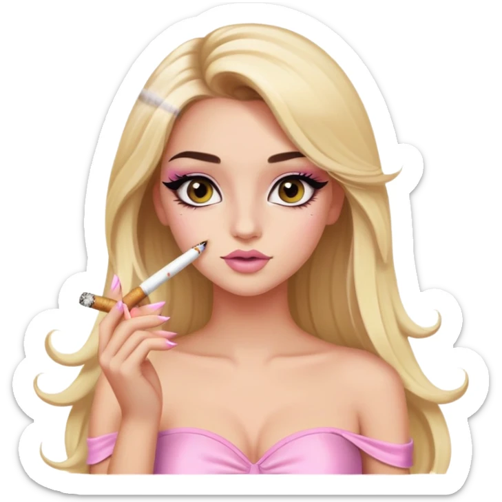 blonde long hair gorgeous girl with latina makeup holding a lit cigarette winged eyeliner big lashes light pink tube top sticker