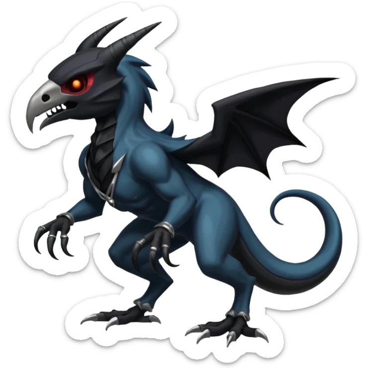 Shiny Dark Edgy  Duskull-Zoroark-Salandit-Inteleon-Amaura-Fakémon-hybrid-creature (full body) with a horned bird-skull-mask sticker