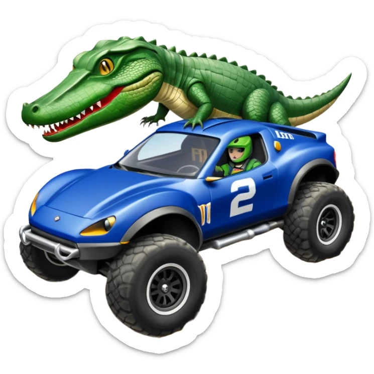 Dirty Joke’s Midnight-blue Local Motors Rally Fighter off road race car being driven by an alligator, sitting in the driver’s seat, over a dirt ramp  sticker