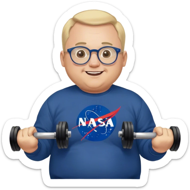 happy chubby man, lifts weights,  blond short and hight receding hairline, wearing a dark blue sweatshirt, nasa logo on the sweatshirt, round glasses without frame, 40 years old sticker