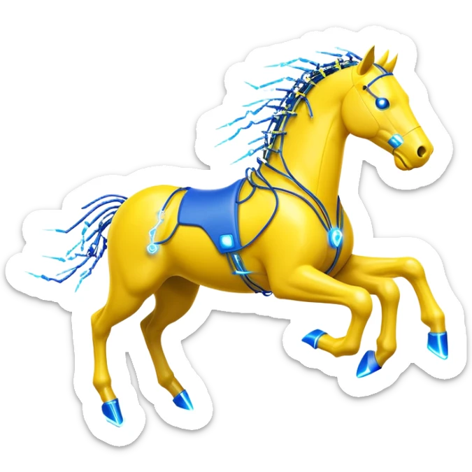 yellow fast electric horse made of electricity, bolts, visible yellow wires, lightning, blue electricity accents, dynamic running pose sticker