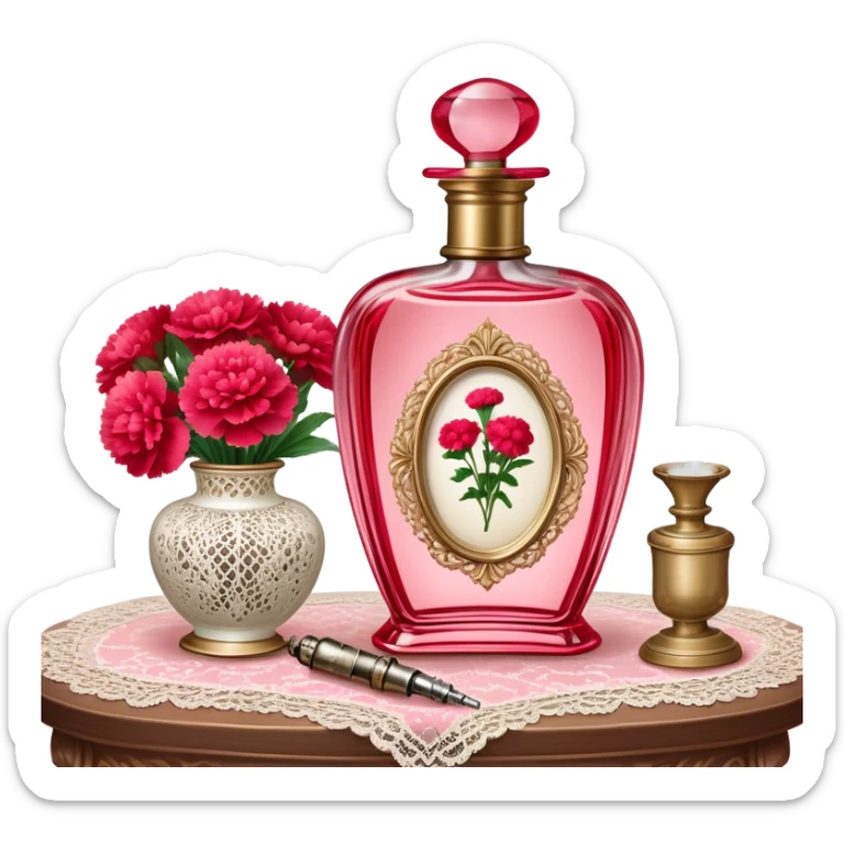 An ornate glass perfume bottle in Petal Pink with a vintage atomizer rests on an antique lace-covered table. Vibrant Strawberry Red carnations spill from a porcelain vase nearby, their fragrance mingling with the soft floral scent of the perfume.  sticker