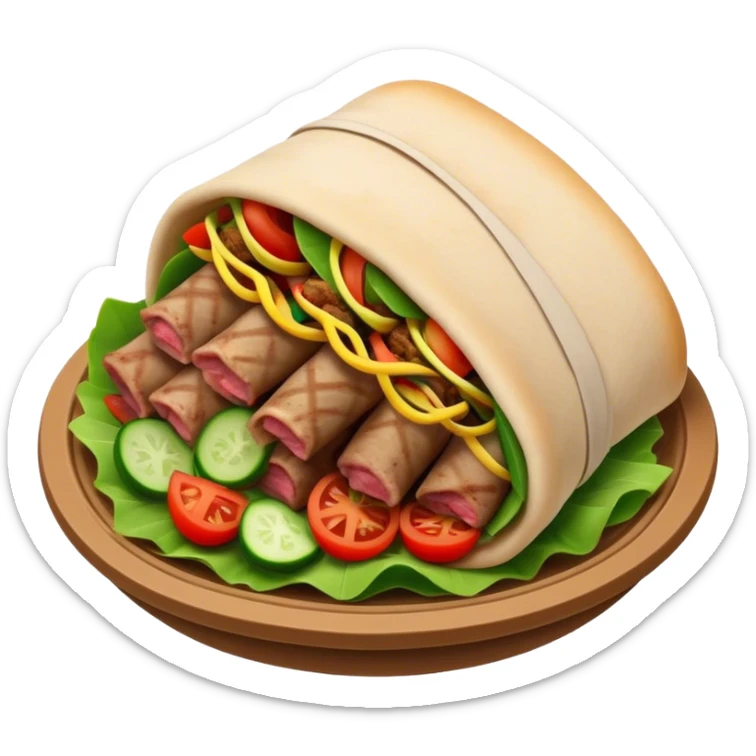 Cinematic Realistic Gyros Dish Emoji, showcasing succulent, spiced meat wrapped in pita with fresh vegetables rendered with lifelike detail and dynamic, appetizing lighting. sticker