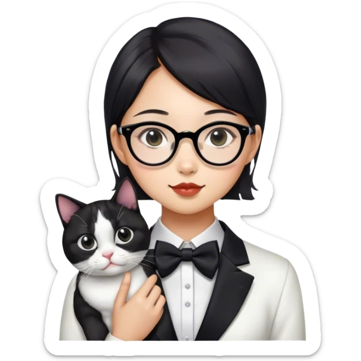 asian girl with glasses holding a tuxedo cat with a black spot on chin sticker