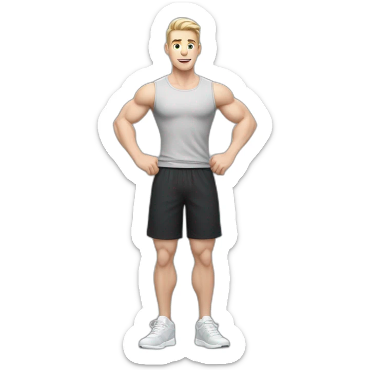 amazed Pale skinned Fit Man With the biceps and dark brown hair in black shirt, gray sports shorts and white Sneakers sticker