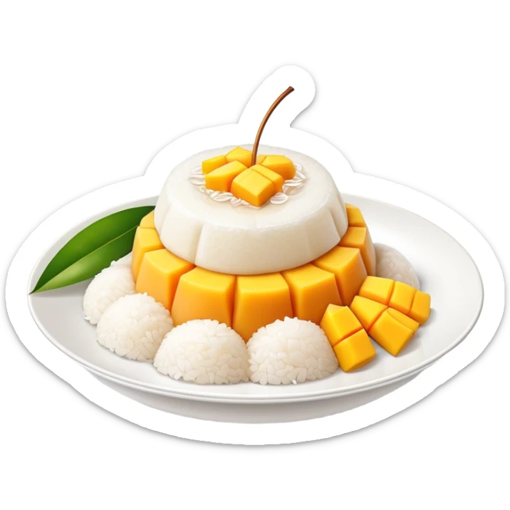 cinematic-realistic-mango-sticky-rice-dessert-emoji,-showcasing-sweet-sticky-rice out of a mould-paired-with-ripe-mango-slices-and-coconut-milk-rendered-with-lifelike-detail-and-warm,-inviting-lighting with the coconut  milk over the rice sticker
