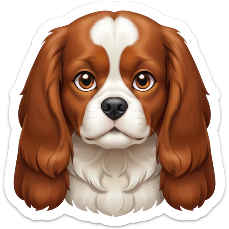 Cinematic Noble Blenheim Cavalier King Charles Spaniel Portrait Emoji, Poised and regal, with a graceful, medium build and a well-groomed Blenheim coat featuring rich chestnut and white markings, soulful brown eyes, Simplified yet sharp and sophisticated features, highly detailed, glowing with a soft, dignified glow, high shine, intelligent and affectionate, stylized with an air of elegance, focused and attentive, soft glowing outline, capturing the essence of a watchful and refined companion, so majestic it feels as though it could step out of the screen with effortless authority! sticker