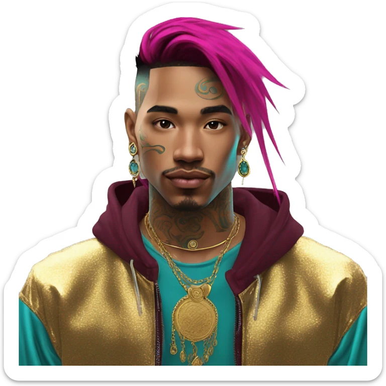 Vintage grunge patina intricate swirls gold jewellery baroque golden sparkle tropical Deep pink maroon burgundy cyan dark hoodie man dyed hair gold piercings nose piercing ear piercings sticker