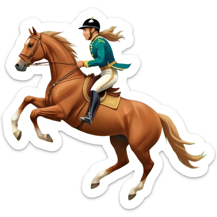An icon showcasing a majestic horse and rider in full gallop across a lush green field. The background features a clear sky, distant mountains, and a vibrant landscape. The rider wears traditional gear, while the horse leaps with grace and power. Transparent background sticker