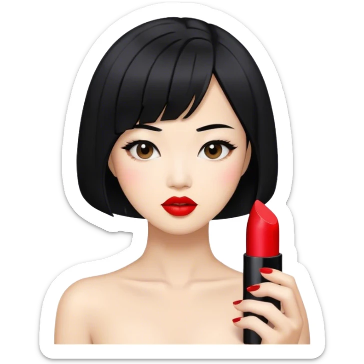 Asian woman, The lips are painted with red lipstick, the woman has a black bob haircut sticker