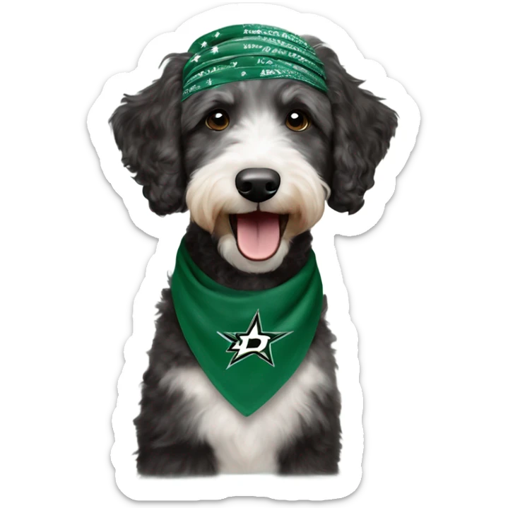 Aussiedoodle wearing a bandana with the NHL Dallas Stars hockey team logo sticker