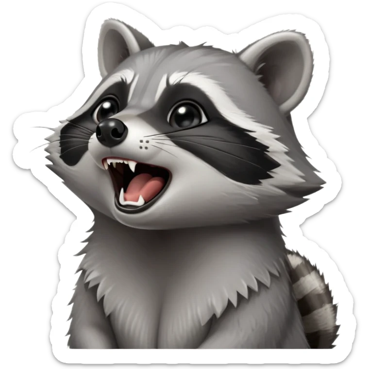 Cinematic-cute realistic- Yawning Raccoon-Portrait-Emoji – Poised and confident, wide-open yawn, revealing a soft grey with a sturdy build and a beautifully textured fur of silver-grey accented by dark black facial markings, deep-set, big black eyes, simplified yet sharp and sophisticated zoom out to show shoulders sticker