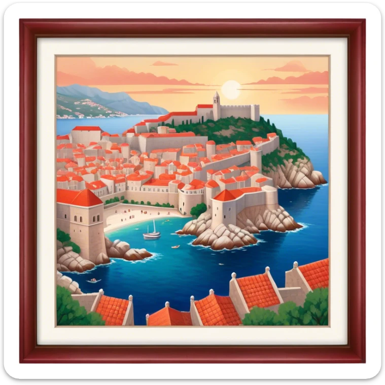 Cinematic Realistic Dubrovnik Landmark Emoji, depicted with historic fortified walls and red‚Äêtiled roofs rendered with intricate detail and dynamic, coastal lighting. sticker