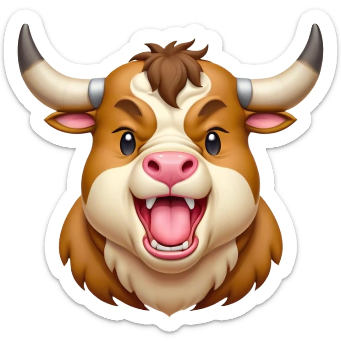 Cinematic Cute Yawning Domestic Bull Portrait Emoji, Head tilted slightly with a dramatic, wide-open yawn, showcasing a robust, muscular frame with a soft, downy coat and subtly drooping horns, round eyes barely open in drowsy contentment, Simplified yet irresistibly adorable features, highly detailed, glowing with a soft, cozy natural glow, high shine, relaxed yet expressive, stylized with a dash of rustic whimsy, soft glowing outline, capturing the essence of a sleepy yet affectionate domestic bull that seems ready to stretch out and settle for a nap! sticker