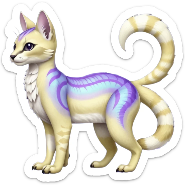 banana-cream-colored, tropical tribal glorious iridescent divine exotic cute cool beautiful beautiful fantasy-caracal-civet-genet-sergal-vernid-Gryphon-Cacomistle-Trico-oncilla-animal-Fakémon-hybrid-fursona (full body) with light slight indigo-violet-gradients accents  sticker
