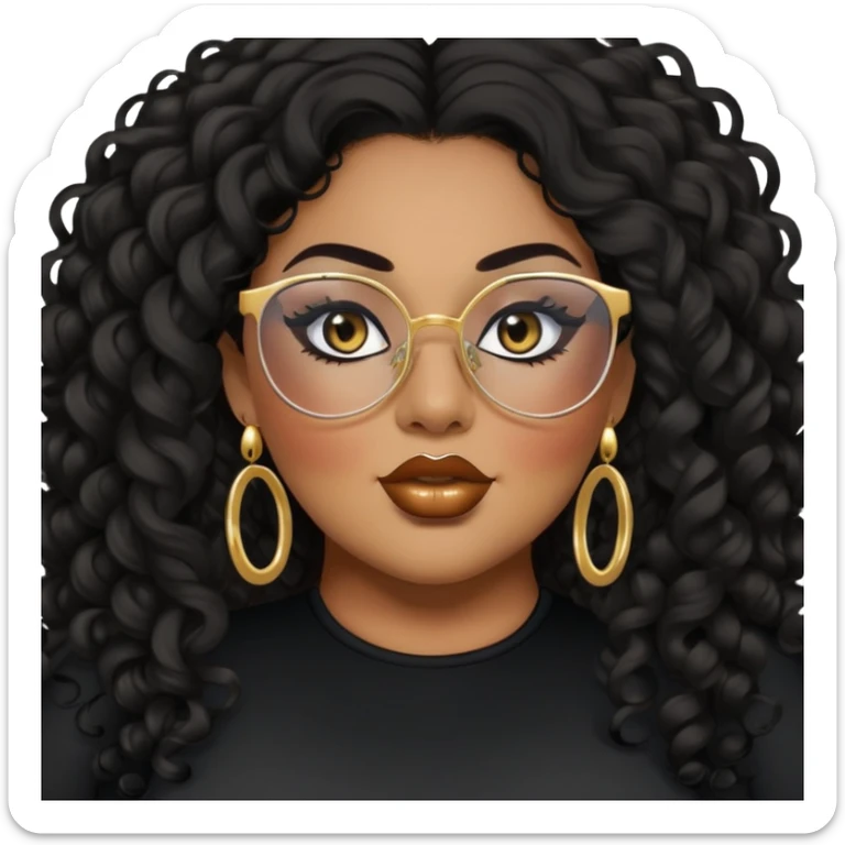 big plus size, darker tan skin, long black curly hair, baddie,pretty, makeup, lipliner, black eyeliner, long hair, gold earrings, black top, glasses sticker
