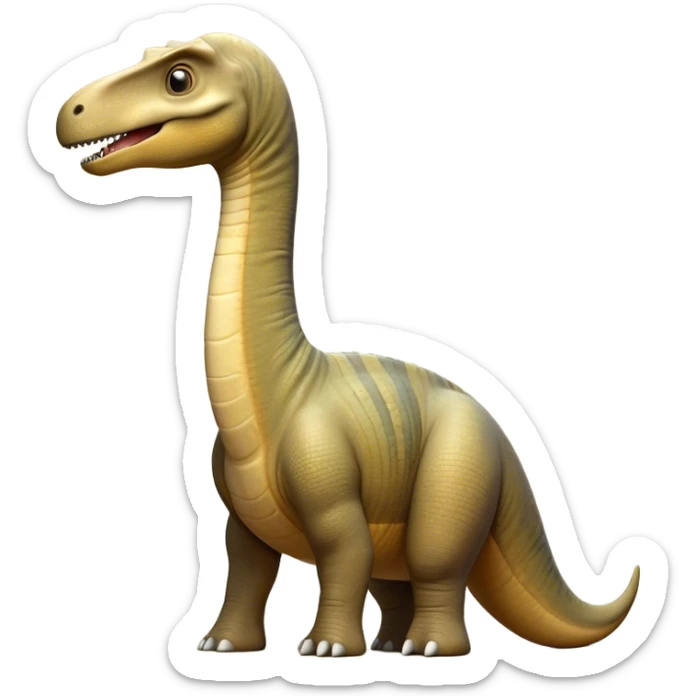 Cinematic Noble Brachiosaurus Portrait Emoji, Poised and majestic, with a towering, elongated neck stretching gracefully from a robust, column-like body, a small, gentle head with curious eyes, and subtle, textured skin in earthy tones, Simplified yet sharply defined features, highly detailed, glowing with a soft, golden radiance, high shine, intelligent and serene, stylized with an air of prehistoric grandeur, focused and calm, soft glowing outline, capturing the essence of a watchful and confident Brachiosaurus that appears ready to gracefully emerge from the screen with effortless power! sticker