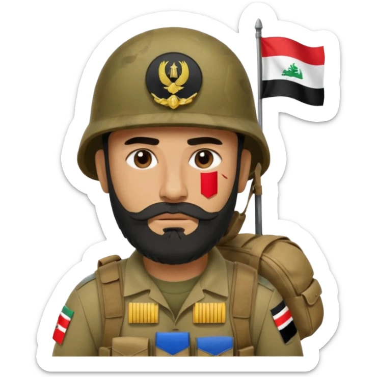 A very tired and sad, swarthy Iraqi soldier with a beard, an Iraqi flag on his helmet, a sad expression and bags under his eyes sticker
