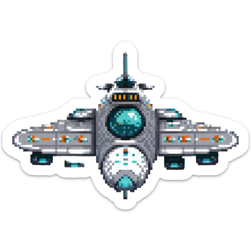 Retro-futuristic space cruiser with round portholes and fins sticker