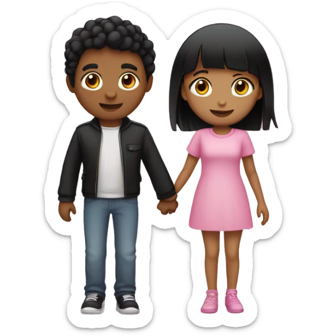 Emoji of a tan girl with black hair wearing pink and a fair skin boy with black hair wearing black holding hands sticker