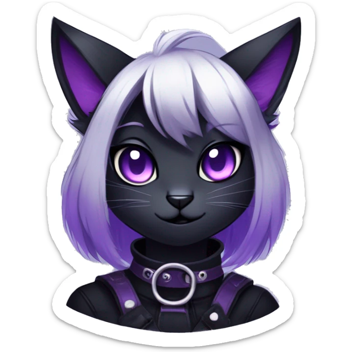 Gorgeous furry gothic dark techwear anime style anthro black cat furry sona Fakemon with blushing face aesthetic and pretty edgy black with violet collar and harness trending style sticker