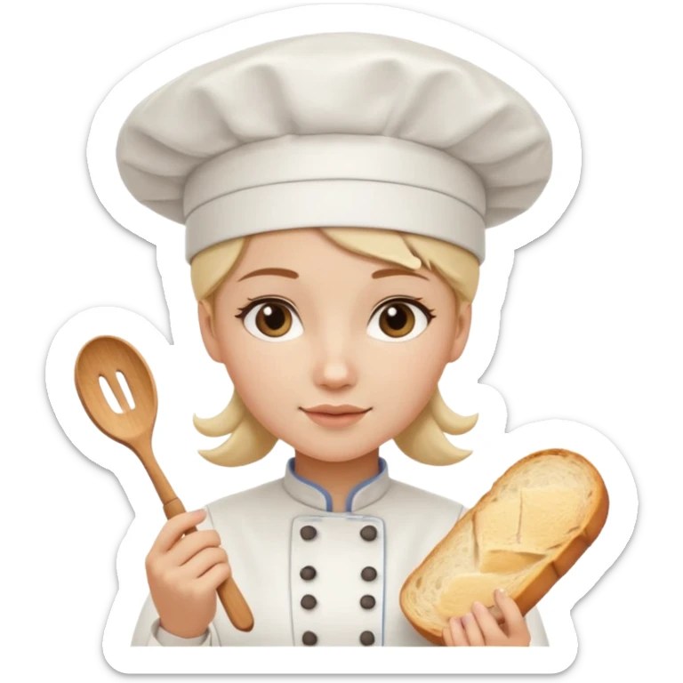 Young female baker - white chef hat, holding cream piping bag to milk oil on bread sticker