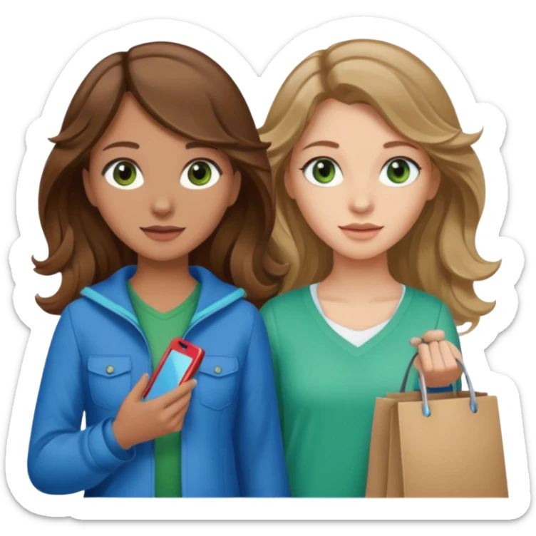 make me and my best friend togheter i have brown hair that falls on my shoulders and brown eyes and she has really long wavy brown hair with a little blonde and green/blue eyes we are shopping and i have BROWN eyes sticker