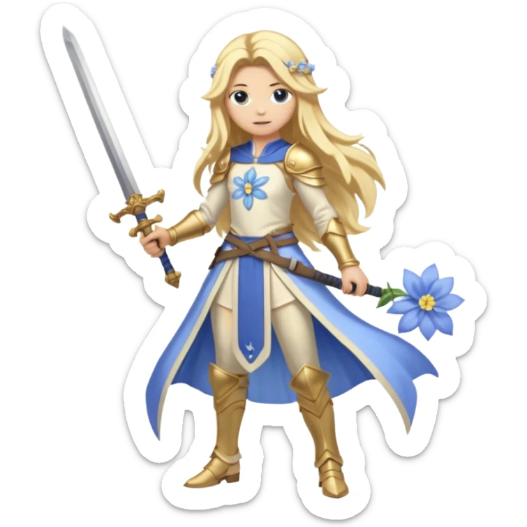 Lumine (from Genshin Impact) White and golden clothes, blonde, long-haired, with a pastel-indigo flower in hair and with a sword (full body) sticker