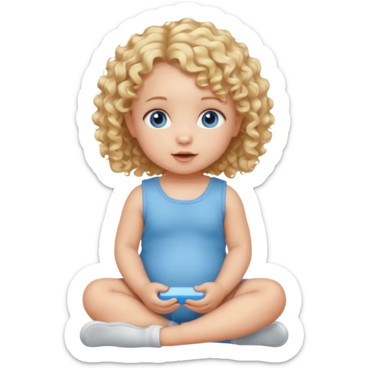 blonde curly hair blue eye baby girl sitting on the floor talking sticker