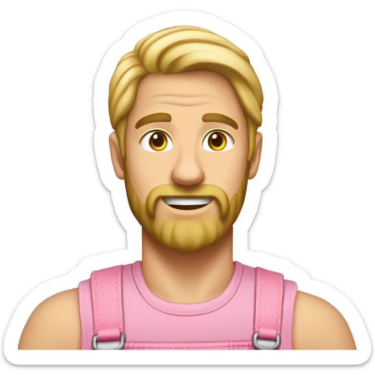 A man with long blonde hair, sideburns wearing a sleeveless pink pair of dungarees and hairy shoulders  sticker