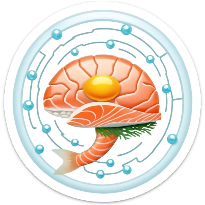 A sparkling crystal brain surrounded by pieces of salmon, a golden egg yolk, and fermented soy floating in a spiral. Thin light beams connect from these foods to glowing points on the brain surface, creating a circuit of expanded focus. sticker
