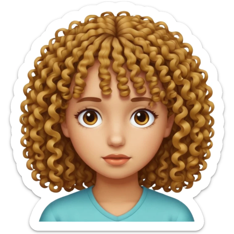 Fais un emoji d une fille avec les cheveux bouclés et une frange bouclés tordu mal faite la fille doit etre un peu mate de peau sticker
