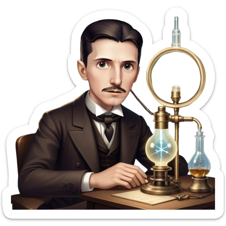 Nikola Tesla – Cinematic Realistic Portrait of Nikola Tesla, depicted as a visionary inventor with intense, thoughtful eyes and period attire, surrounded by subtle arcs of electric light and early laboratory apparatus, rendered with dramatic lighting that evokes mystery and innovation. sticker