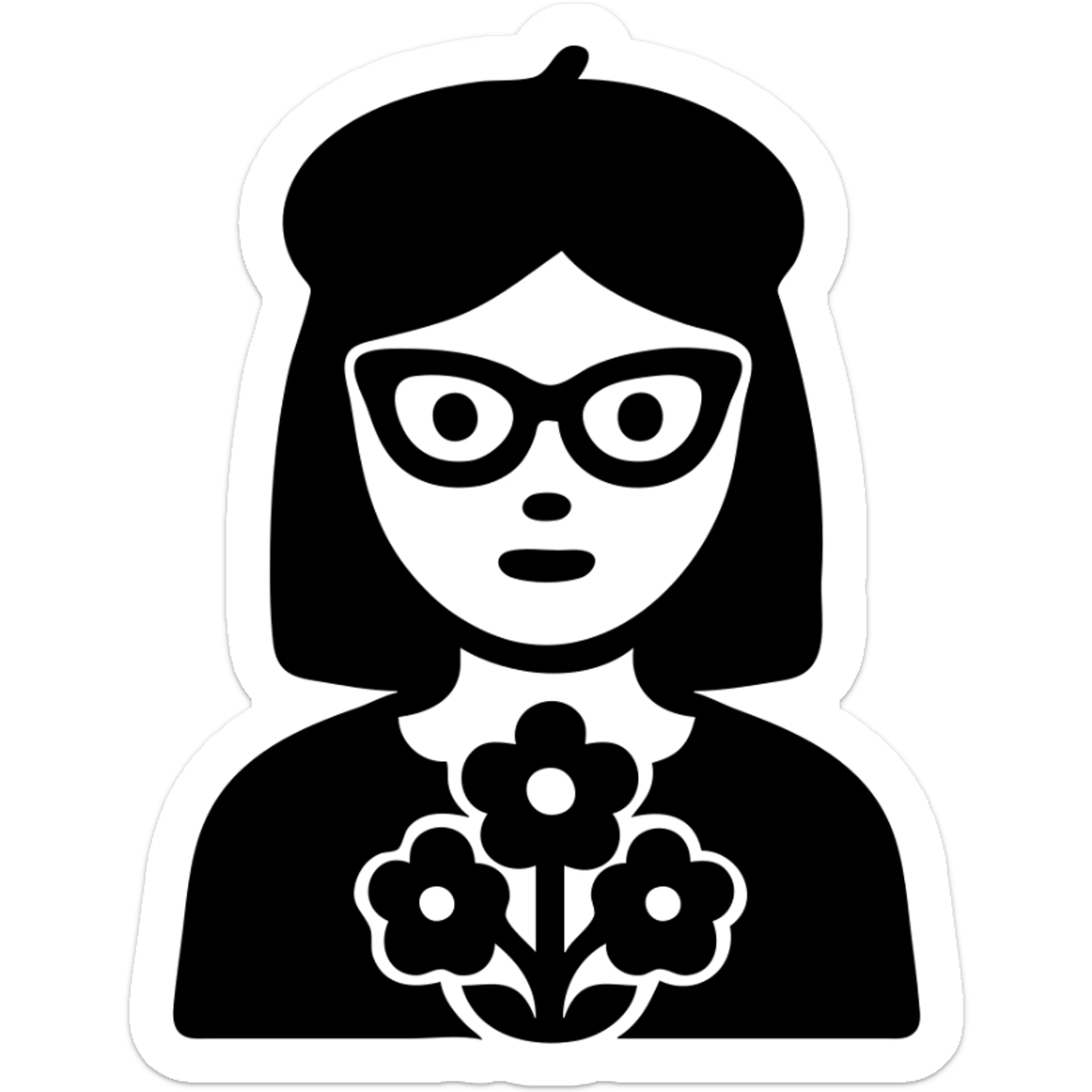 a girl with an oval face, cat eye glasses, a beret hat, and holding flowers, minimal flat icon style sticker