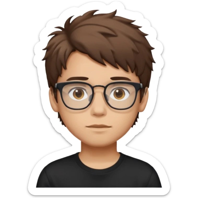 Create a emoji of a boy with brown messy hair with mid fade brown eyes ,rectangular glasses and black t-shirt sticker