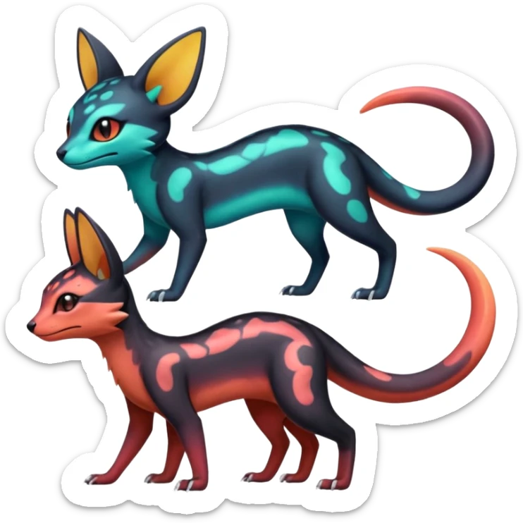 Neon-magma-pastel-gradients-colored Salandit-Umbreon-Genet-Noivern-Noibat-Serval-Hybrid (Full body) sticker