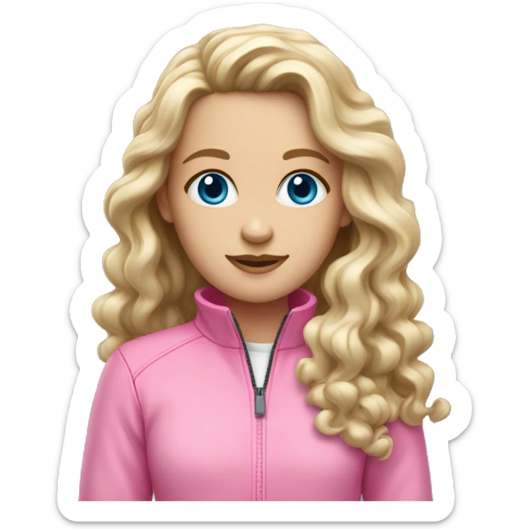white girl with blue eyes and long curly hair with pink Quarter zip up jacket sticker