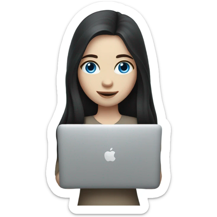 A girl with pale skin, blue eyes and dark long hair holding MacBook  sticker