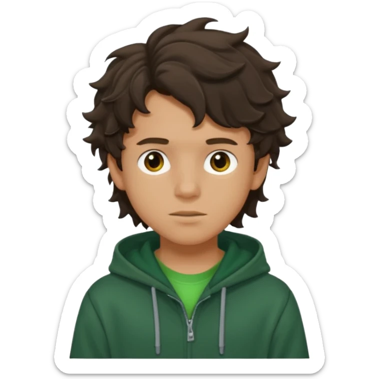 a 14 year old slightly tanned teenage boy with dark brown tousled wavy hair, wearing a green tshirt, with a dark green hoodie overcoat sticker