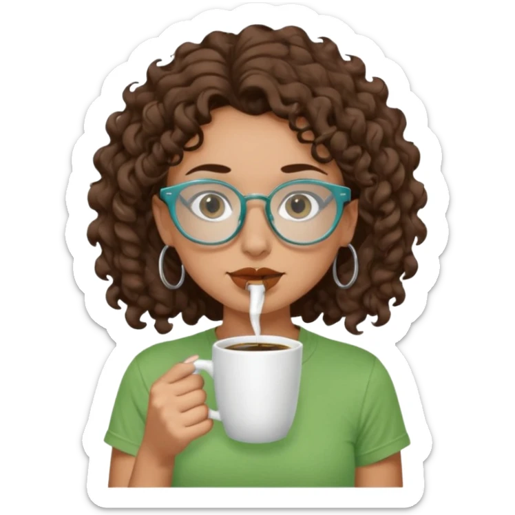 White girl with dark brown curly hair, brown eyes, sky blue glasses, nose piercing septum, green t shirt, drinking coffee from a cup sticker