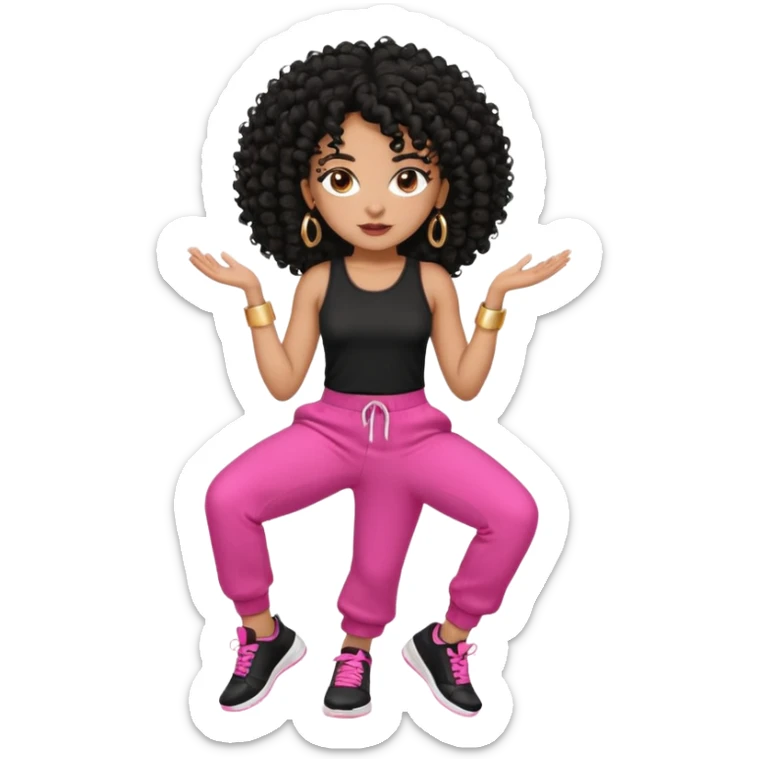 Black woman, adult, 4C black curly hair, dark brown eyes, wearing black top, pink pants, black sneakers, gold hoop earrings mostrando os músculos  sticker
