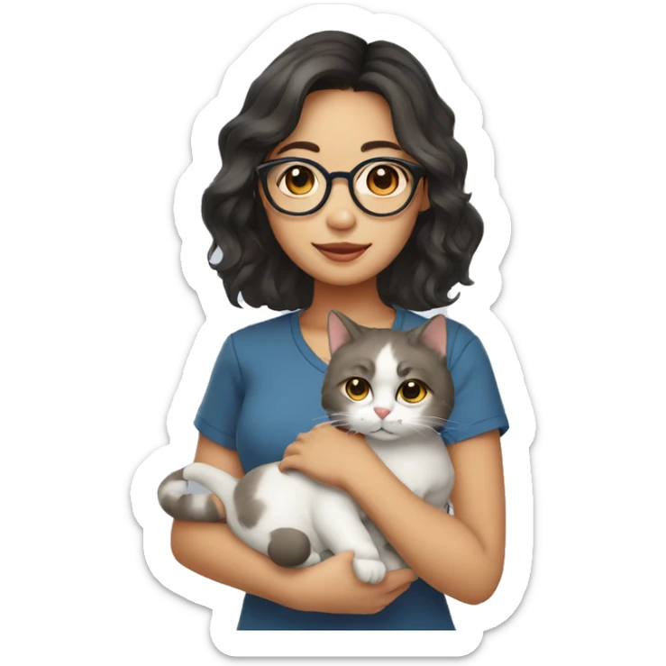 Southeast asian girl wearing glasses and shoulder length wavy hair holding a cat sticker