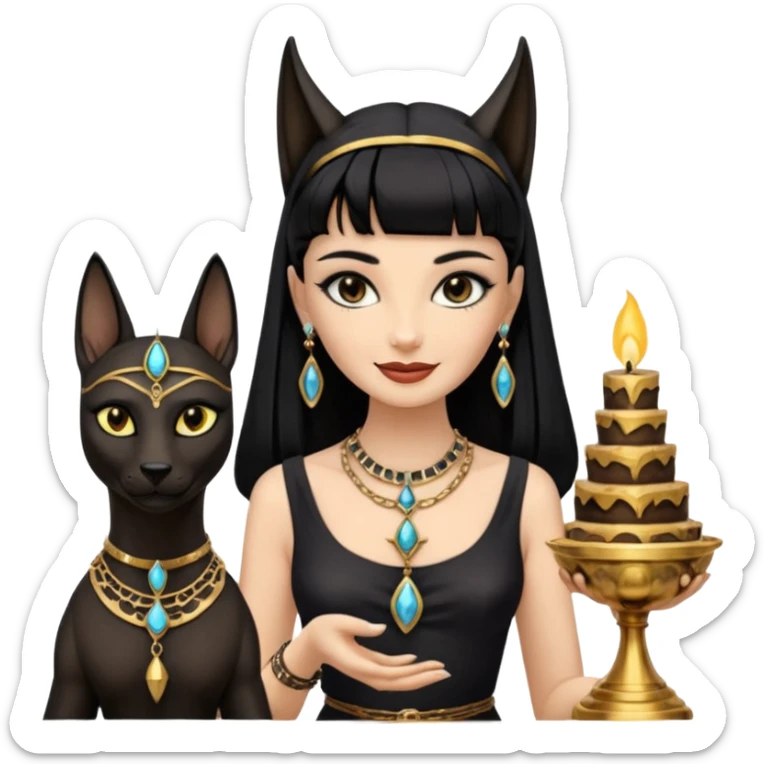 Smiling Witchy-mannered smoky-evil-eyed real Audrey Hepburn cleopatra Anubis conjuring Protecting silky black-haired tiny chained-adorned statuette-scale dessert scenery stone-age cracked ancient antique  sticker