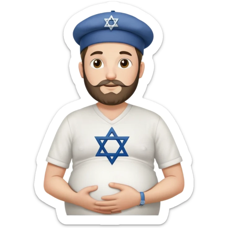 Pregnant Jewish man facing left with hands on belly, wearing a kippah and Star of David necklace, with facial hair sticker