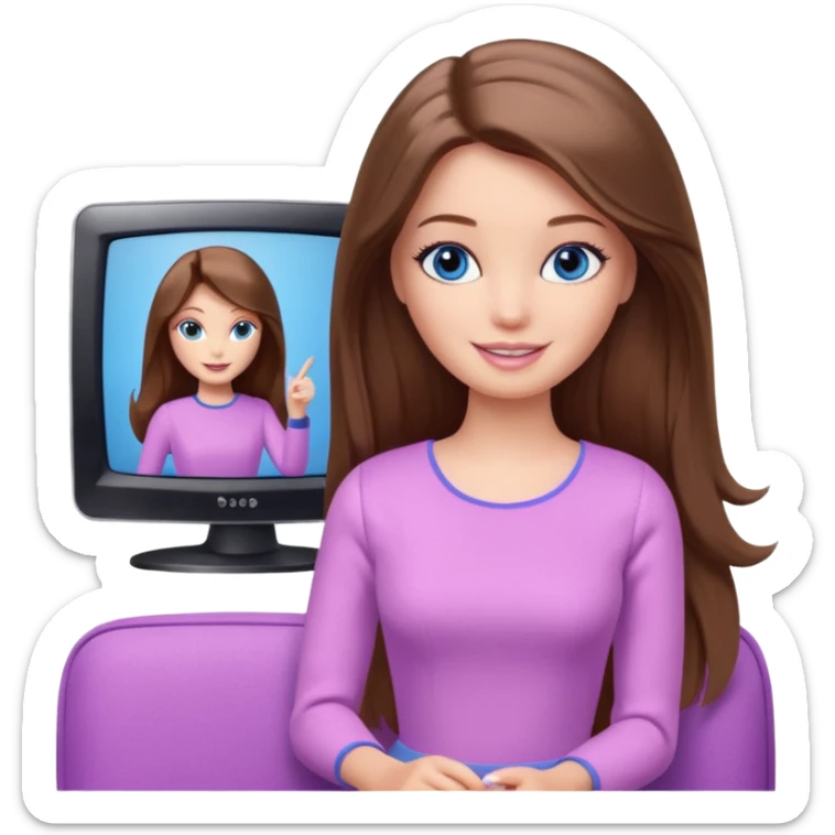 beautiful barbie girl with long brown hair, blue eyes and wearing light purple clothes watching tv sticker