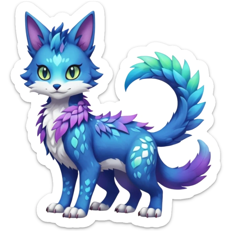 Kawaii iridescent beautiful pretty elegant divine edgy fantasy feline-vernid-sergal-Fakémon-Pokémon-fursona-animal-creature with accessories, full body, with intricate detailed markings sticker