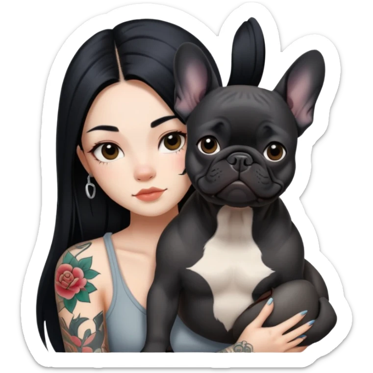 a Chinese girl with long black  straight hair and tattoos and Black french bulldog sticker